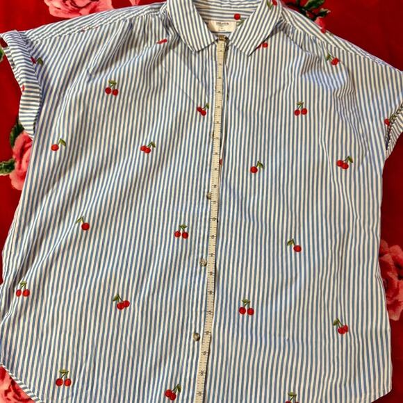 Embroidered Cherry Stripe Button Down Shirt Women's Medium Fruitcore Coquette - Picture 4 of 16